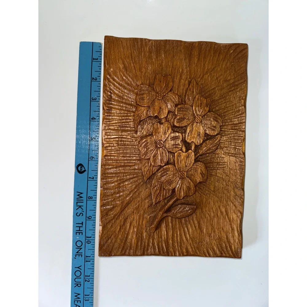 Hand Carved Wood Wall Art Floral Dogwood Plaque Ozarks Folk Art 10.5x7 Brown